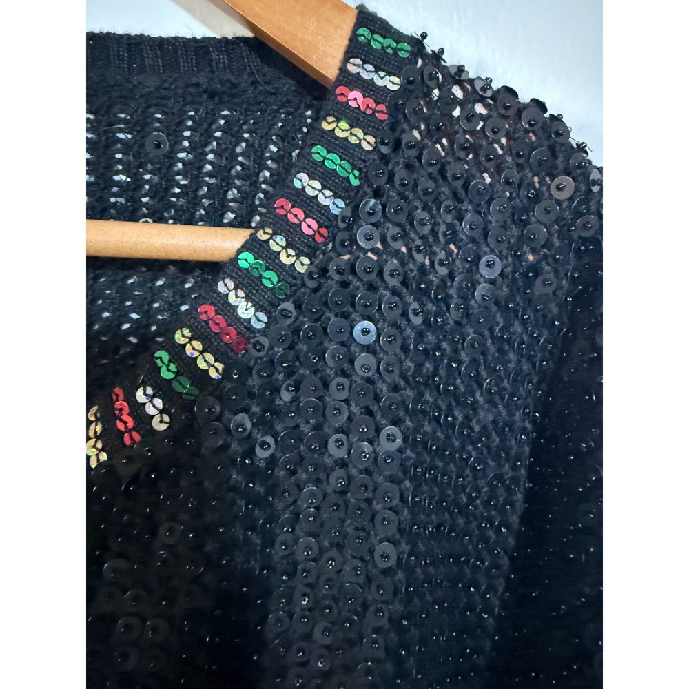 VTG Berek Sequin Christmas Tree Cardigan Women Large Black Art to Wear - Picture 5 of 7